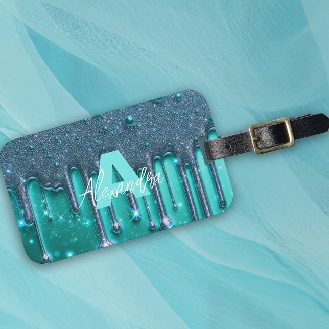 Finare Chic Glam Teal Paint Drift Namn Monogram Bagagebricka (Skapare uppladdad)