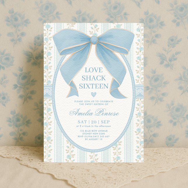 Finare Coquette Sweet 16 Blue Bow Birthday Inbjudningar (Skapare uppladdad)