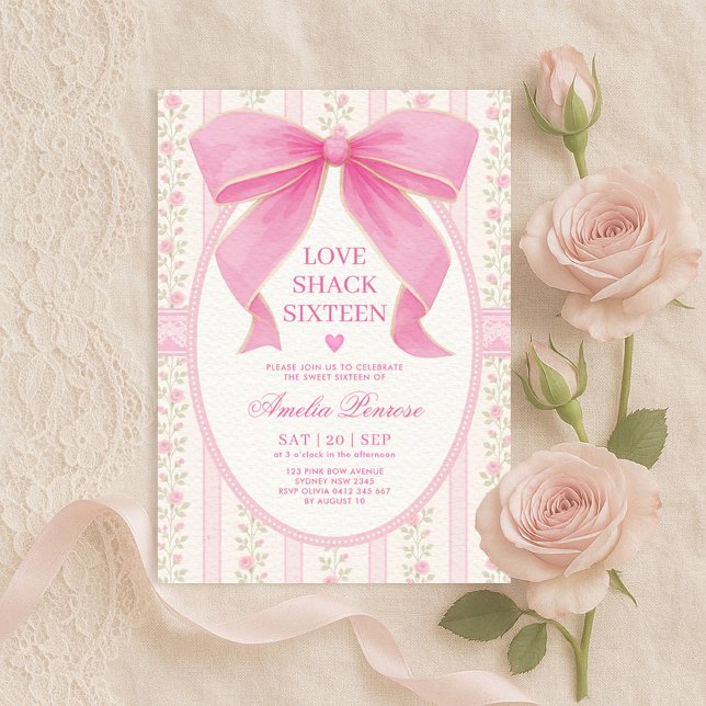 Finare Coquette Sweet 16 Rosa Bow Birthday Inbjudningar (Skapare uppladdad)