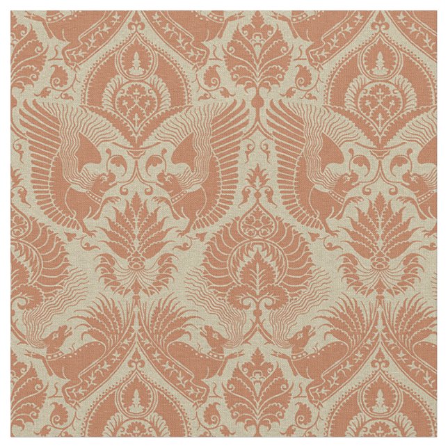 Finare Damask med djur, Clay Red Tyg (Närbild)