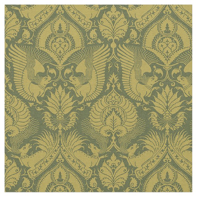 Finare Damask med djur, Guld på Grönten Tyg (Närbild)