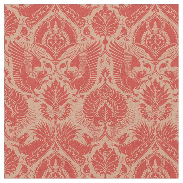 Finare Damask med djur, korallrött Tyg (Närbild)