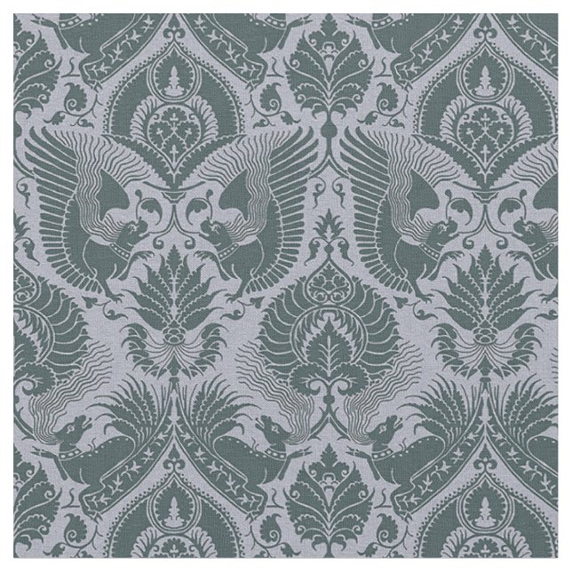 Finare Damask med djur, Mörk Slate Blue Tyg (Närbild)
