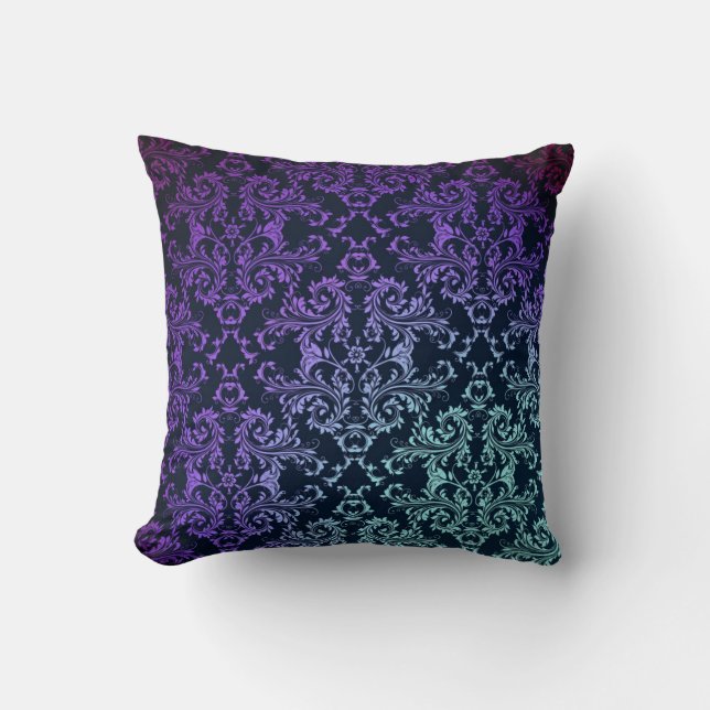 Finare Damask Teal Blue Lila Black Kudde (Framsida)