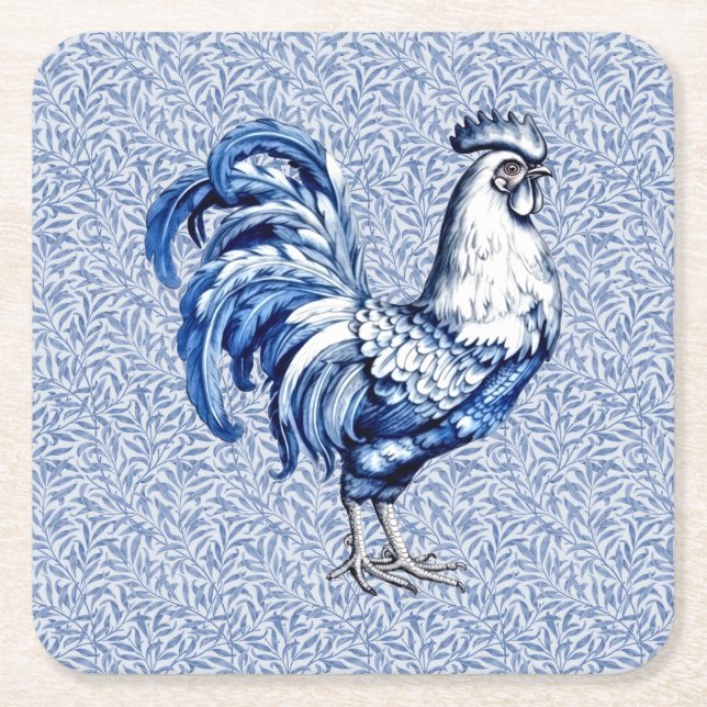 Finare Delft Blue och White Tupp Chicken Underlägg Papper Kvadrat (Framsidan)
