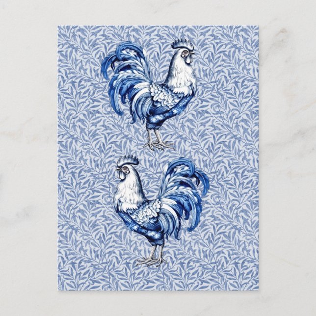 Finare Delft Blue och White Tupp Chicken Vykort (Framsida)