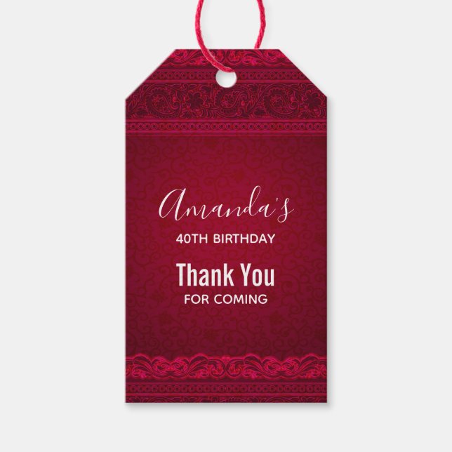Finare & Elegant Red Background Birday Tack Presentetikett (Framsidan)