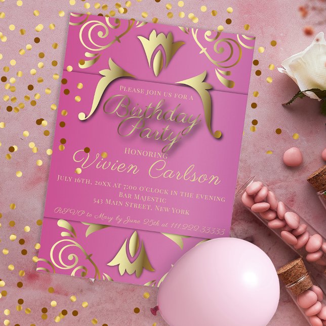 Finare Elegant Rosa och Guld Födelsedagsfest Inbjudningar (Skapare uppladdad)