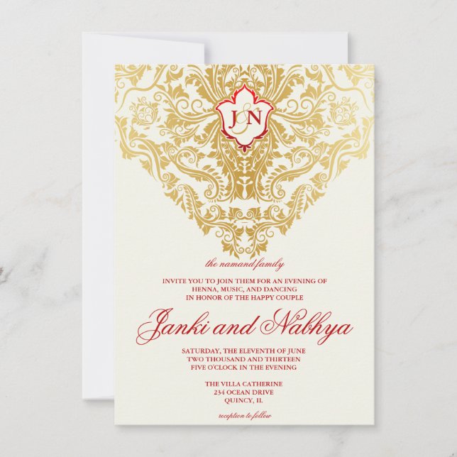 Finare Flourish Golden Indian Arabiska Bröllop Inbjudningar (Framsida)