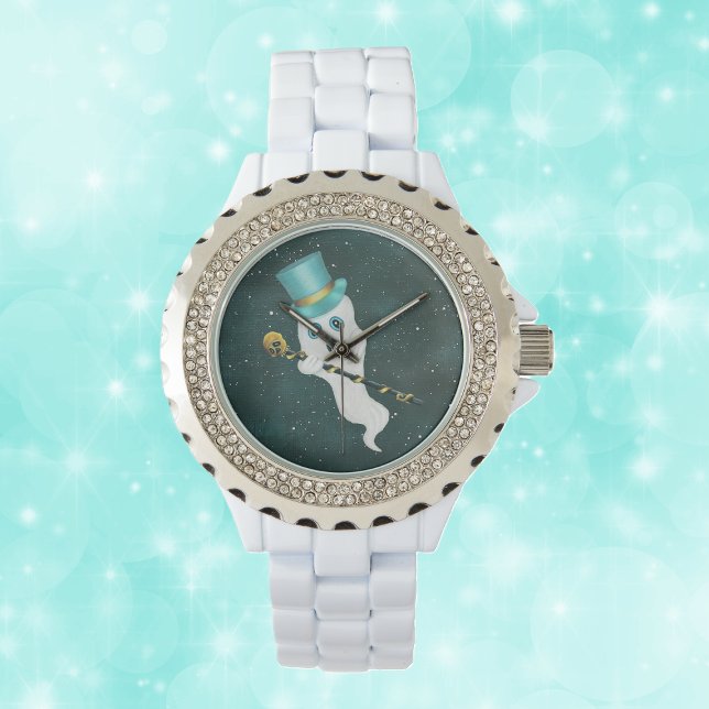 Finare Ghost i Käpp av Himmel-skalle av blått Top  Armbandsur (Fun dressed up fancy ghost in top hat skull cane in night sky on wristwatch.)