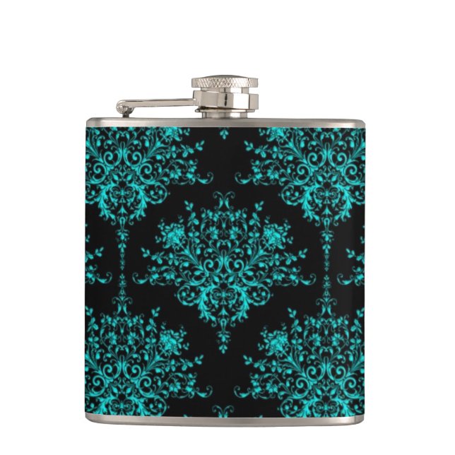 Finare Girly Blommigt Damask Snyggt Black and Teal Fickplunta (Framsidan)