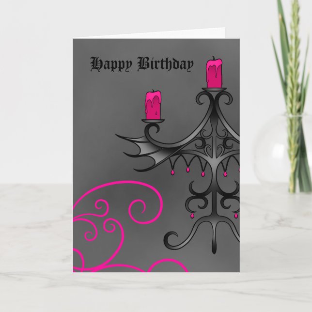 Finare Gothic candelabra vid rosa på grått födelse Kort (Framsida)
