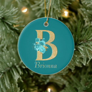 Finare Guld & Aqua Blommigt Brev B Julgransprydnad Keramik