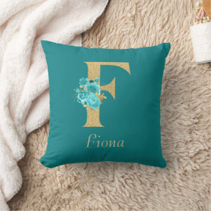 Finare Guld & Aqua Blommigt Brev F Dekorativ kudde