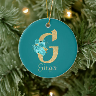 Finare Guld & Aqua Blommigt Brev G Julgransprydnad Keramik