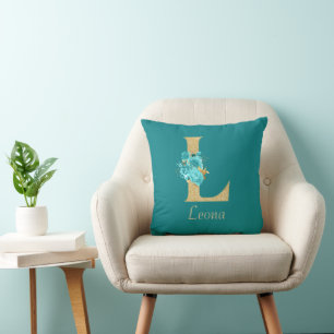 Finare Guld & Aqua Blommigt Brev L Dekorativ kudde