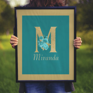Finare Guld & Aqua Blommigt Brev M-väggutskrift Poster