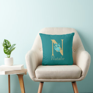 Finare Guld & Aqua Blommigt Brev N Dekorativ kudde