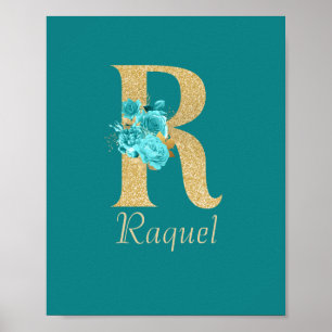 Finare Guld & Aqua Blommigt Brev R Poster
