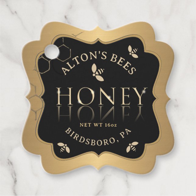 Finare Guld Bees Honeycomb på Märkrn Black Honung Gåvor Etiketter (Framsida)