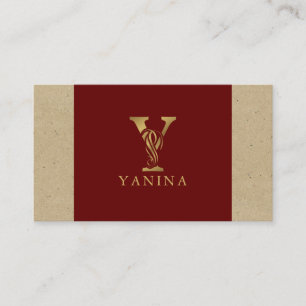 Finare Guld Brev Y på Red och Beige Linen Visitkort
