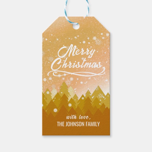 Finare Guld, fredligt Snö-skog God jul Presentetikett (Framsidan)