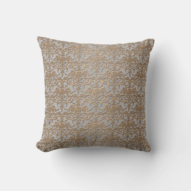 Finare Guld och Grått Damask Kudde (Framsida)