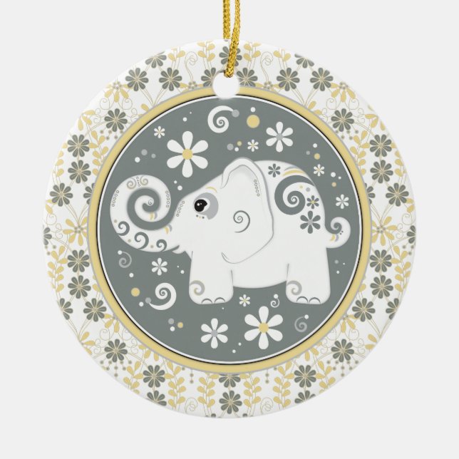 Finare Gult Grått White Elephant Blommigt Ornament (Framsidan)