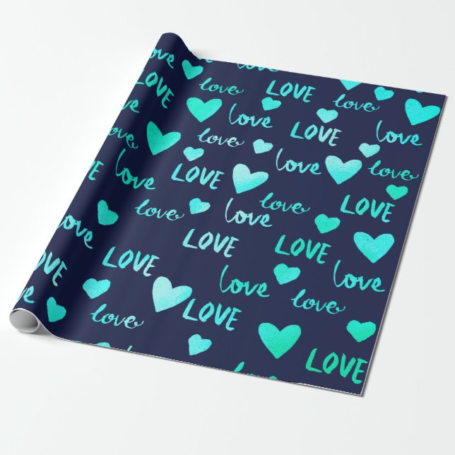 Finare Heart Ocean Blue Navy Glitter Kärlek Valent Presentpapper (Utrullad)