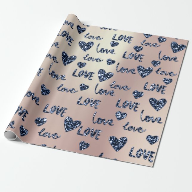 Finare Hearts Blue Navy Ro Glitter Kärlek Valentin Presentpapper (Utrullad)