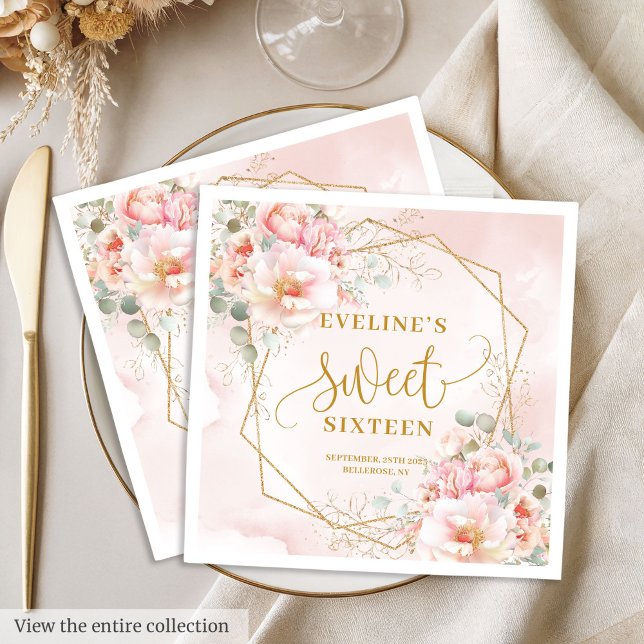 Finare Ljus rosa med Guld Flowers Sweet sixteen Pappersservett (Fancy Light Pink with Gold Flowers Sweet Sixteen Napkins)