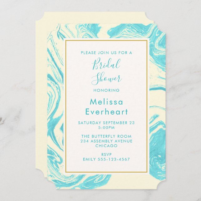 Finare Marble Design in Turquise and Cream Möhippa Inbjudningar (Fram/baksida)