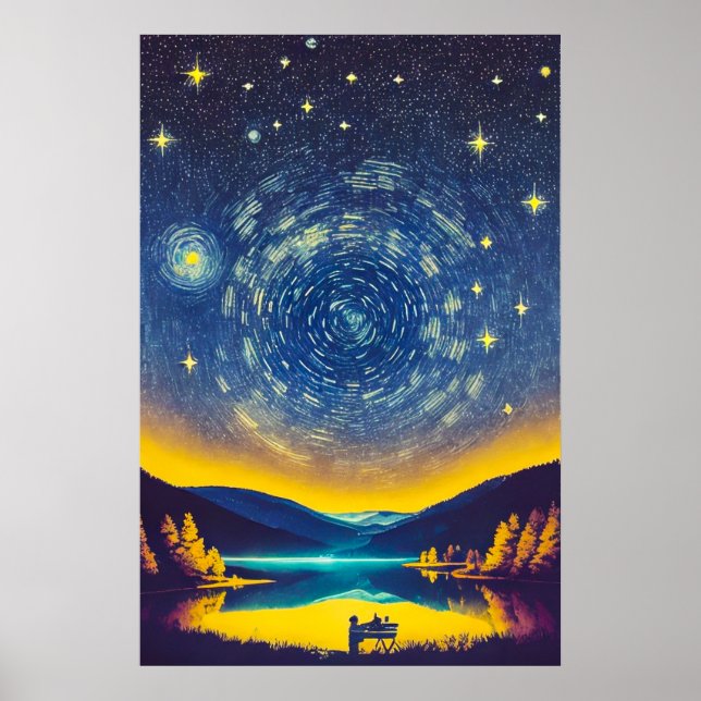 Finare Nightscape Stars Spiral Retro Painting (fär Poster (Framsidan)