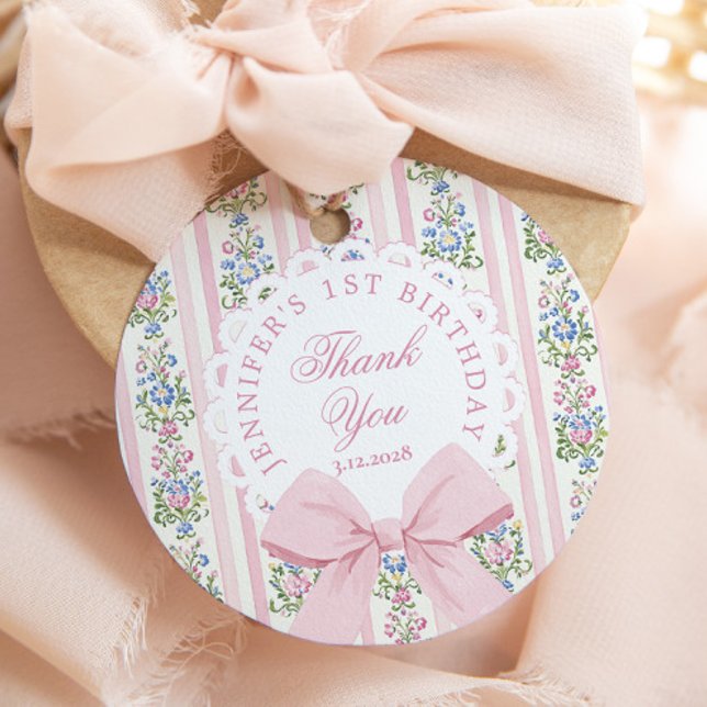 Finare One  rosa Bow-födelsedag Tack Gåvor Etiketter (Skapare uppladdad)