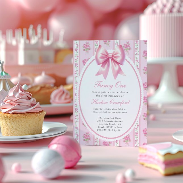 Finare One Rosa Coquette Bow Födelsedagsfest Inbjudningar (Fancy One Girls First Birthday Invitation )