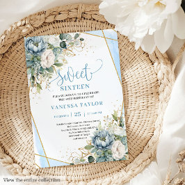 Finare Pastel Blue White Guld Blommigt Sweet sixte Inbjudningar