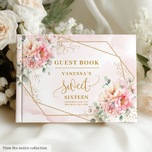 Finare Pastel Rosa Sage Guld Blommigt Sweet sixtee Gästböcker