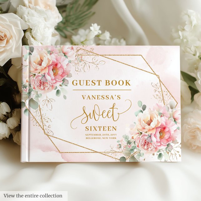 Finare Pastel Rosa Sage Guld Blommigt Sweet sixtee Gästböcker (Fancy Pastel Pink Sage Gold Floral Sweet Sixteen Guest Book)