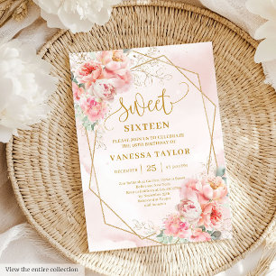 Finare Powder Rosa Guld Flowers Sweet 16:e inbjuda Inbjudningar