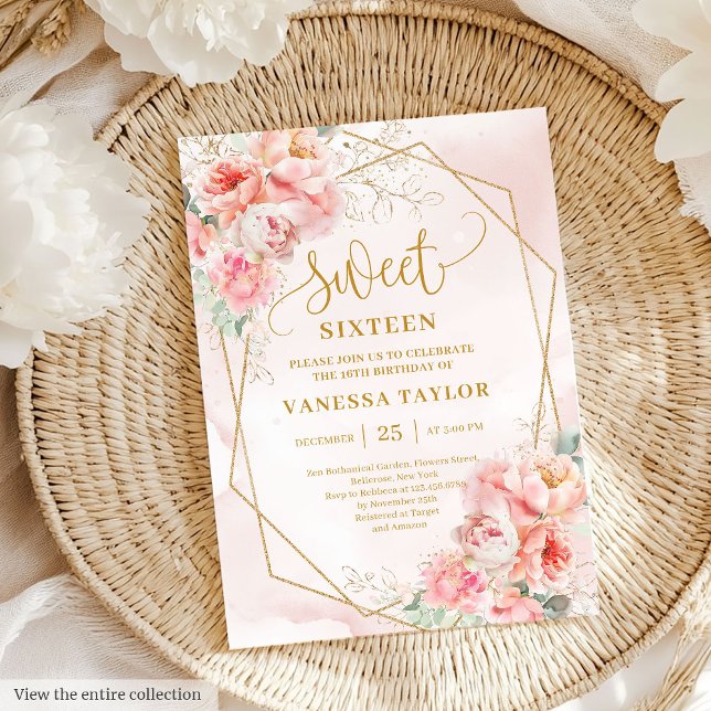 Finare Powder Rosa Guld Flowers Sweet 16:e inbjuda Inbjudningar (Fancy Powder Pink Gold Flowers Sweet 16 Invitation)
