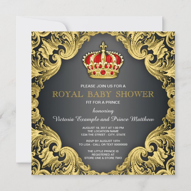 Finare Prince Baby Shower Regal Red Inbjudningar (Baksida)