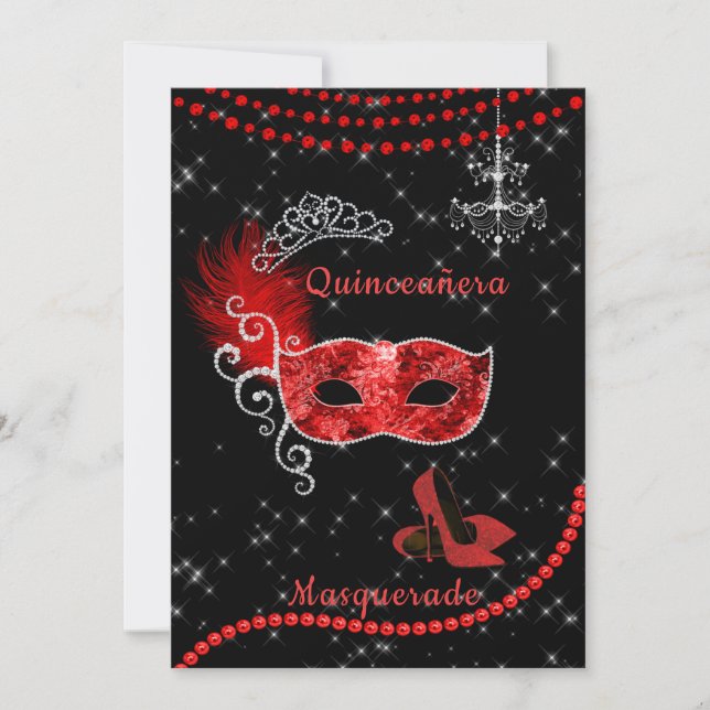 Finare Quinceanera Red och Silver Masqueraad Inbjudningar (Framsida)