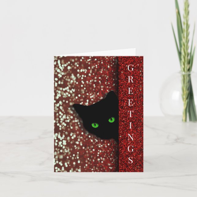 Finare Red Bokah Ljus och Glitter Cat-julen Helgkort (Framsida)