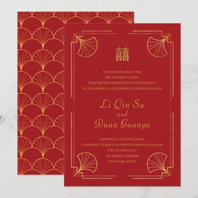 Finare Red & Guld Dubbla Happity Chinese Bröllop Inbjudningar (Fram/baksida)