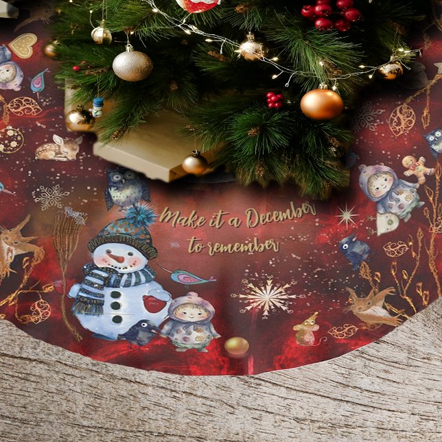 Finare RED Guld Helgdag med tecken Julgransmatta Borstad Polyester (Fancy RED Gold Holiday with Characters Brushed Polyester Tree Skir)