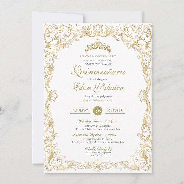 Finare Regal White Guld Elegant Quinceanera Inbjudningar (Framsida)