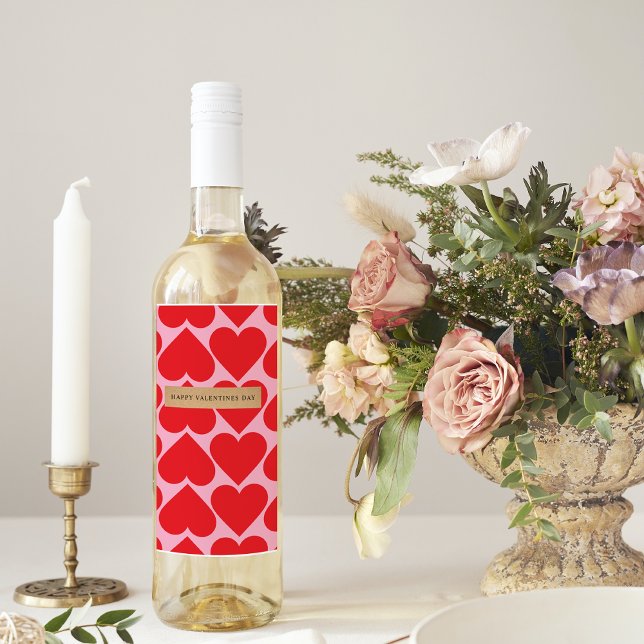 Finare Romantic Red & Rosa Hearts Mönster med Namn Vinflaska Etikett (Skapare uppladdad)