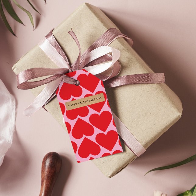 Finare Romantic Red & Rosa Hearts Mönster Presentetikett (Skapare uppladdad)