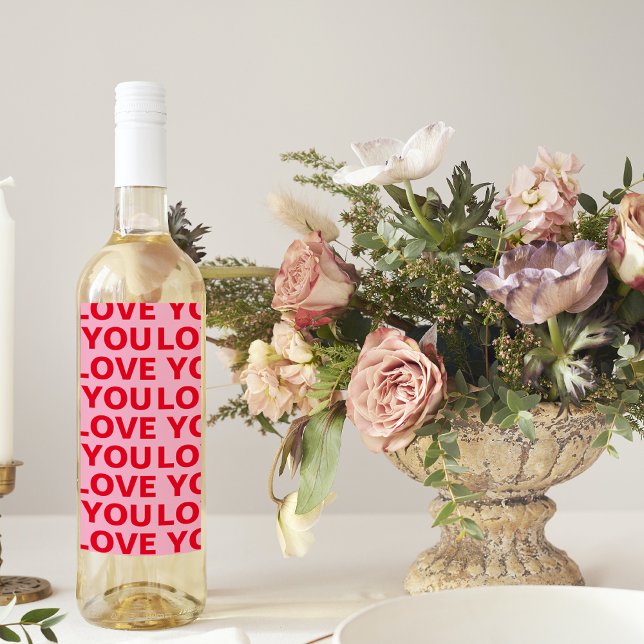 Finare Romantic Red & Rosa Kärlek You Mönster Vinflaska Etikett (Skapare uppladdad)