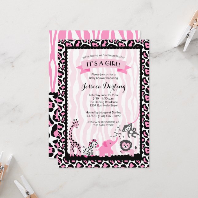 Finare Rosa & Black Safari Girl Baby Shower Inbjudningar (Fram/Back In Situ)